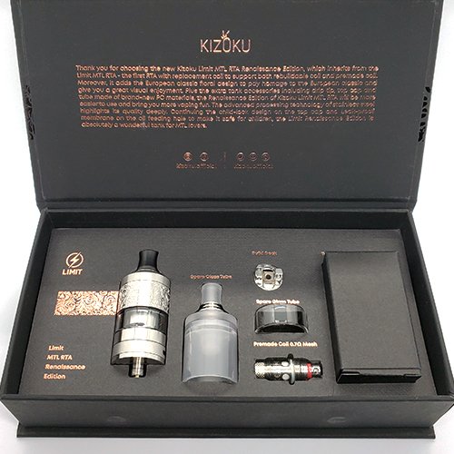 The Kizoku Limit Renaissance Edition is a fancier version of the Kizoku Limit RTA. From first impressions it looks like itโs essentially the same tank, just with a floral design on the mid cap and fancier packaging. It has the same 3ml tank capacity, the same slotted and pin hole airflow, and the same 22mm base diameter. The Kizoku Limit Renaissance comes with a rebuildable single coil deck, as well as stock coils. This means that you can use the Limit Renaissance as either an RTA or as a regular vape tank. Whatever you choose, this tank is made for MTL vaping at low wattages. If youโre a mouth to lung vaper, should you pick up the Kizoku Limit Renaissance RTA? This tank was sent to me from HeavenGifts for the purpose of this review. Box Contents 1 x Kizoku Limit Renaissance Edition RTA 1 x Extra Glass Tube 1 x Rebuildable Deck 1 x 0.7ohm Mesh Coil 1 x PC Top Cap/Mid Cap & Drip Tip 1 x Accessories Bag 1 x Manual 1 x Warranty Card Specifications 22mm Diameter 3ml Tank Capacity Single Coil Build Deck Slot + Hole Airflow Stock Coil Options Secure Top-Fill Cap Design & Build Quality Compared to the original Kizoku Limit, the Renaissance looks quite a bit fancier. The mid cap is engraved with a floral pattern that is very cleanly machined. It looks really good and makes the Renaissance edition stand out from other tanks. It just looks high-end and expensive. Aside from the floral design, the Renaissance Edition is the exact same as the original Limit RTA. Itโs a small tank with the same 22mm diameter. Because of its small size, this tank looks best on small single battery mods or slim dual battery mods. Itโs made completely out of SS304 stainless steel which has proven to be quite durable. I received the silver color for this review and it has a shiny finish that pairs well with other stainless steel and silver mods. There is knurling along the top cap as well as on the airflow control ring. Limit is engraved in the top cap among the floral pattern which makes it a little hard to see, but it fits right in. The Renaissance Edition also comes with a translucent PC cap. The color will vary depending on which color of the Renaissance you pick up. The silver Renaissance comes with a frosted PC cap. This cap looks neat and it also has a few advantages over the stainless steel body. The first advantage is that itโs easier to see your ejuice level with the PC cap. The stainless steel body has a short straight glass that doesnโt allow you to see the entire tank and this has led to me overfilling a few times. The PC cap is translucent the whole way through so you can see exactly where youโre filling the tank to. The second advantage is durability. The glass tank is obviously susceptible to breaking if you drop the tank, whereas the PC cap can survive the same drops without cracking or breaking. If youโre someone with butter fingers, the PC tank is for you. One of my favorite features is the way that they implemented the top fill system. A lot of people dislike push-to-fill top caps because they can open in your pocket and make a huge mess. But while the Limit Renaissance does have a push-to-fill top cap, itโs also threaded. You have to first unscrew the top cap and then push backwards to reveal the fill port. Itโs a genius fill system. This keeps the top cap secure from accidentally opening and you donโt have to put it down anywhere like traditional threaded top caps. The PC top cap is not the same and features a traditional threaded top cap. The Limit Renaissance has a 3ml tank capacity and it also comes with a spare straight glass; thereโs no bubble glass for this tank. I personally like the look of the straight glass as it keeps a streamlined appearance and I think a bubble glass would just look weird. Plus, because this is a MTL tank meant to be used at low wattages, ejuice isnโt going to go as fast as it would in a higher wattage RTA or sub ohm tank. 3ml is more than enough for a tank like this. A standout feature of this tank is that it comes with a rebuildable deck as well as stock coils. The rebuildable deck screws into the base just like a coil would. Stock coils also screw into the base. So depending on what you want, you can use the Renaissance as either an RTA or a regular MTL tank. Airflow The Limit Renaissance has an adjustable airflow control ring that gives the option of a single medium-sized slot, or six small pin holes. While this is marketed as a pure MTL tank, the single slot allows you to get a restricted DL draw which is nice when using the stock coils. The series of pin holes gives a range from MTL to restricted MTL. The six small airflow holes are all the same size. Vaping with all six holes open is a nice MTL draw that isnโt too restricted but it whistles a bit. Closing the holes doesnโt stop the whistling. Itโs not very loud so I can live with it but itโs worth mentioning. Closing the airflow holes makes the draw progressively tighter. 2-3 holes opened seemed to be the sweet spot for a nice, tight MTL draw. The slot airflow is more airy than the six hole airflow and allows you to get close to a tight direct lung draw. I didnโt like using this much with the build deck but I liked it when I used the replaceable coils. Like the six hole airflow, the slot airflow whistles a bit but itโs noticeably louder and more turbulent. Build Deck This build deck is small and simple; itโs exactly the same deck as the one on the original Limit. It screws into the base of the deck and sits securely without wiggle. There are two posts along with an airflow hole in the middle of the deck. Your wire is secured by two small flat head screws which do a good job of holding your coil in place. If you do lose them, there are spares in the packaging. The Limit comes with cotton and a regular round wire build and these are what I used for my testing. Keep in mind that if you do want to use other coils, they will have to be of a small ID. Larger ID coils arenโt going to fit on this deck. Performance I tested the Limit Renaissance Edition with three setups: With the included rebuildable deck and coil With the included 0.7ohm stock coil (rated for 12-20W) With a 1.8ohm stock coil (rated for 8-12W, sold separately) The performance from the rebuildable deck is just the same as what I experienced with the original Limit. Itโs a decent deck but the flavor is average. Compared to other tanks, the flavor doesnโt pop as much and as a result, it doesnโt quite feel like Iโm vaping on a rebuildable deck. Wicking was good though and I did not experience any dry hits, even with chain vaping. I also had no flooding or leaking with the rebuildable deck. As for the stock coils, these are perfect for MTL vaping and the flavor is good. The included 0.7ohm coil is rated for 12-20W and I liked vaping it at 15W the most. The pin hole airflow lets you get anywhere from a MTL draw to a very restricted MTL draw depending on how much you close the airflow down. With just one hole open the draw is extremely tight; too tight for me. I preferred vaping with 2-3 holes open as this gave me my preferred restriction for a MTL draw. I was also sent a package of the 1.8ohm coils, however these are sold separately. These are rated for 8-12W, which isnโt a very big range, but the rating seems accurate based on my usage. 10-12W was where I stayed with this coil and the flavor is just as good as the other coil. This coil seems to offer slightly more restriction than the 0.7ohm coil for an even tighter MTL vape with the pin hole airflow closed down. Verdict The Limit Renaissance Edition RTA unfortunately faces the same issue as the original Limit: a lack of flavor from the rebuildable deck. This isnโt surprising though, seeing as it uses the same build deck and overall tank design. As an RTA, the Limit Renaissance is still lacking. But while the rebuildable deck isnโt anything special, the stock coils for the Renaissance Edition have breathed new life into this tank. These are well made coils that give good flavor and a perfect MTL draw, no matter how you like your MTL vape to be. As such, Iโve given the Renaissance Edition a slightly better score than the original Limit.
